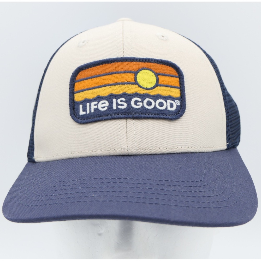 Life Is Good Sunrise Water Strip Mesh Trucker Hat Cap Navy Blue Adj OS Snapback